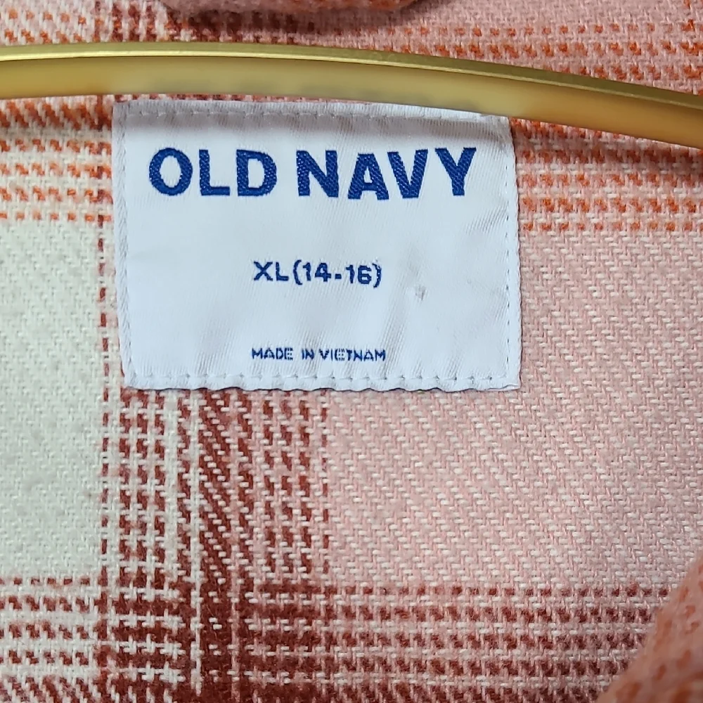 Old Navy Pink and Orange Peach Plaid Shacket Shirt Jacket Girls XL(14-16)